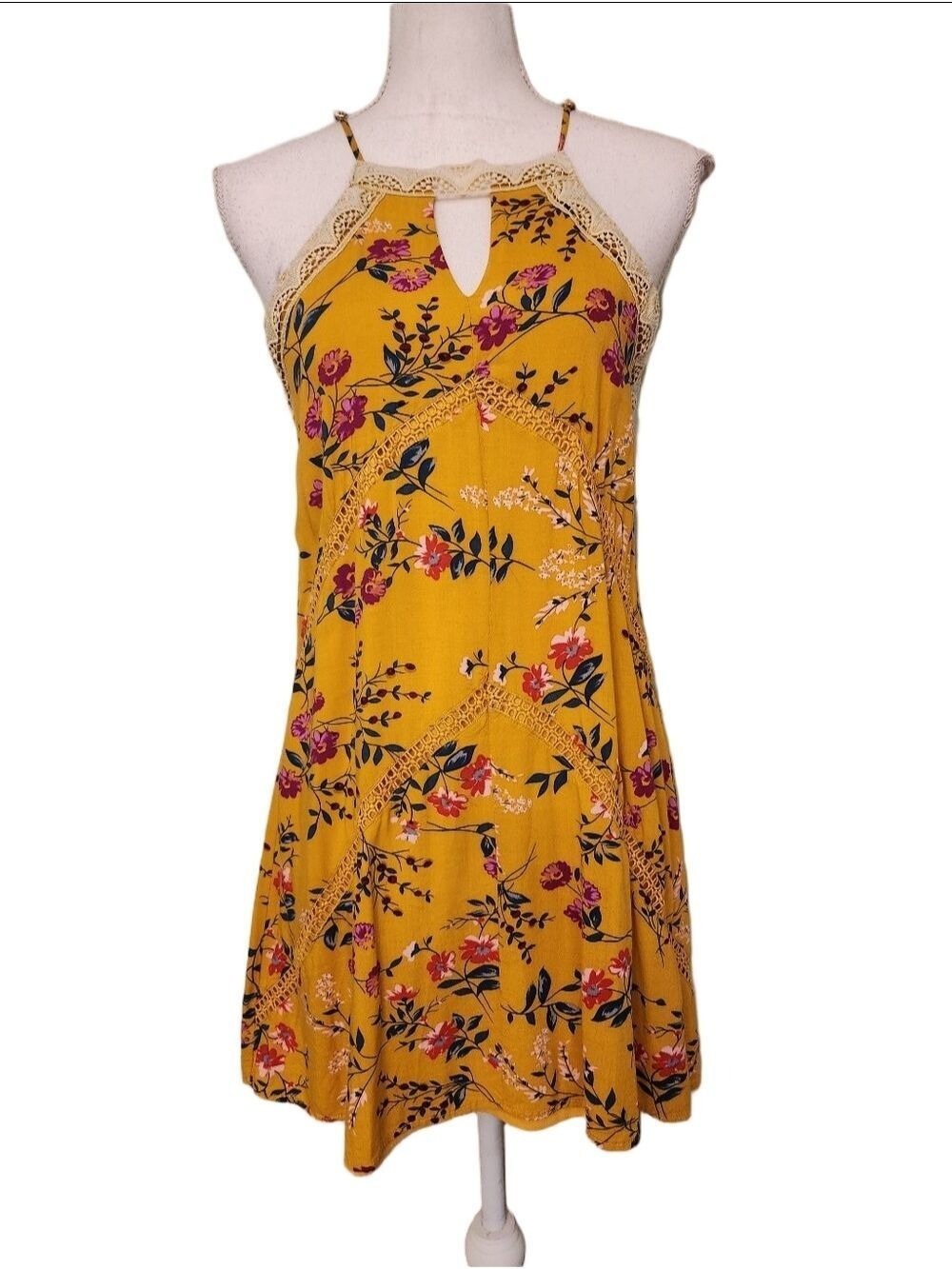Blue Rain Floral Print Dress Small Yellow Lace Trim Sleeveless Summer Boho - Picture 2 of 16